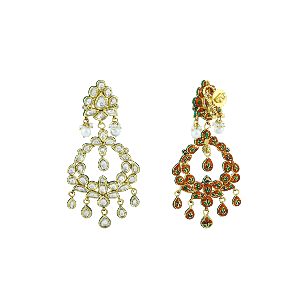Polki Chandelier Earrings with Teardrops and Pearls